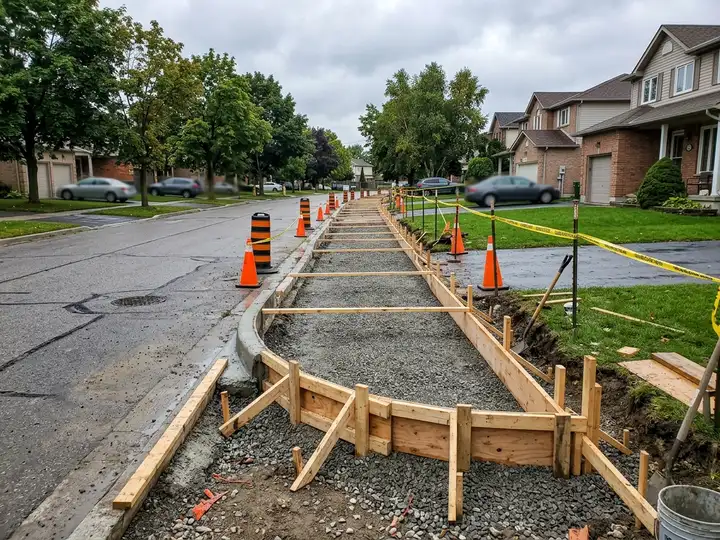 Jobsite photo of sidewalk formwork on a gravel base