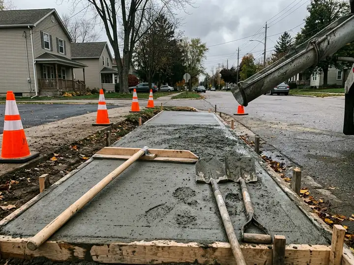Jobsite photo of fresh concrete poured into sidewalk forms