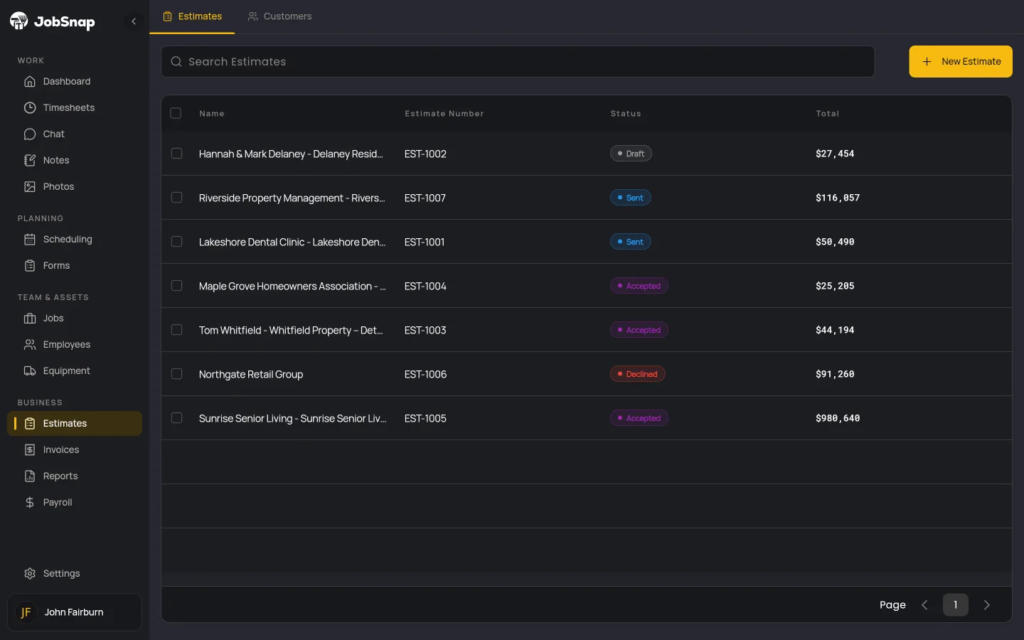 Construction estimates list in the JobSnap web app