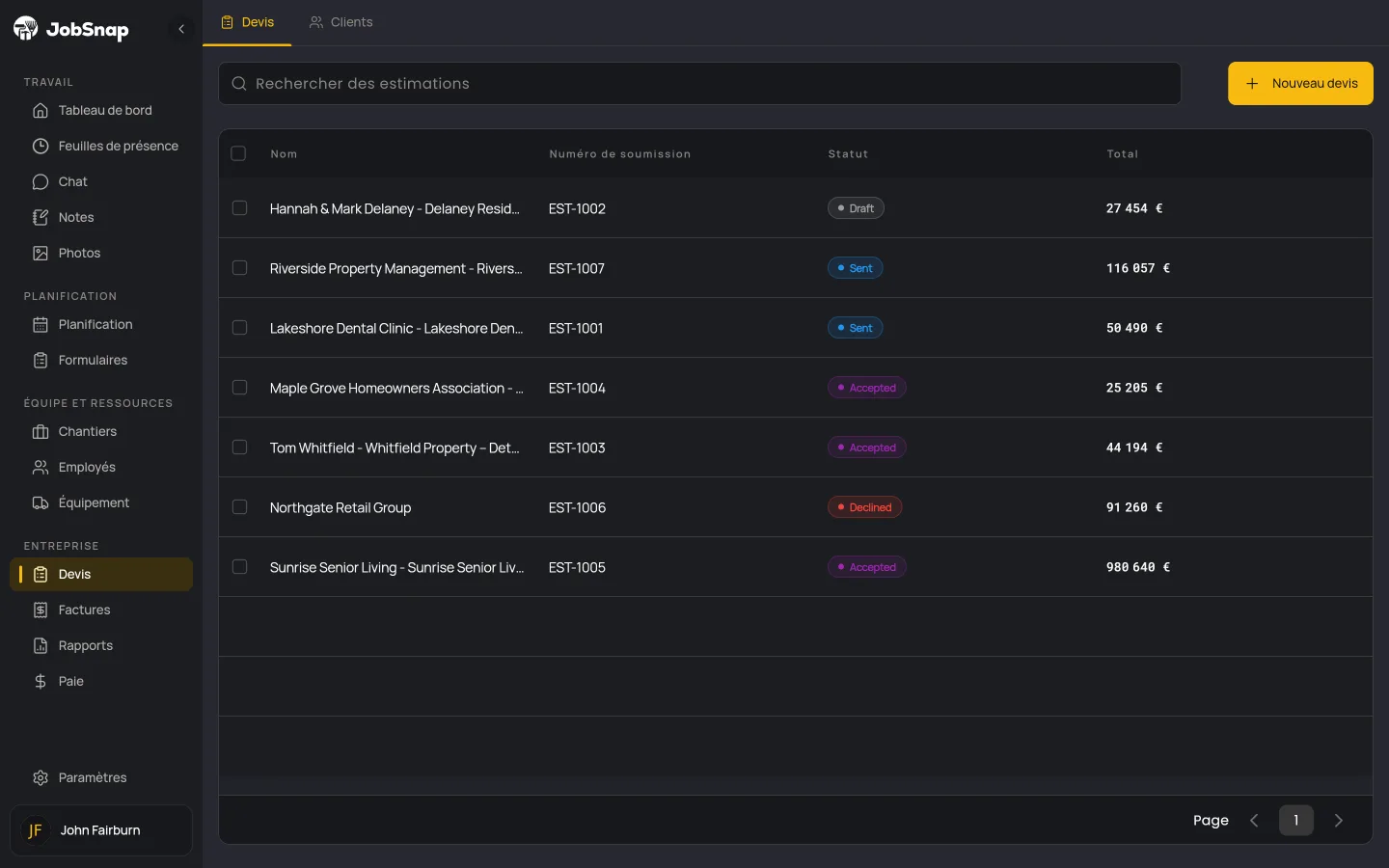 Liste des soumissions dans l'application web JobSnap