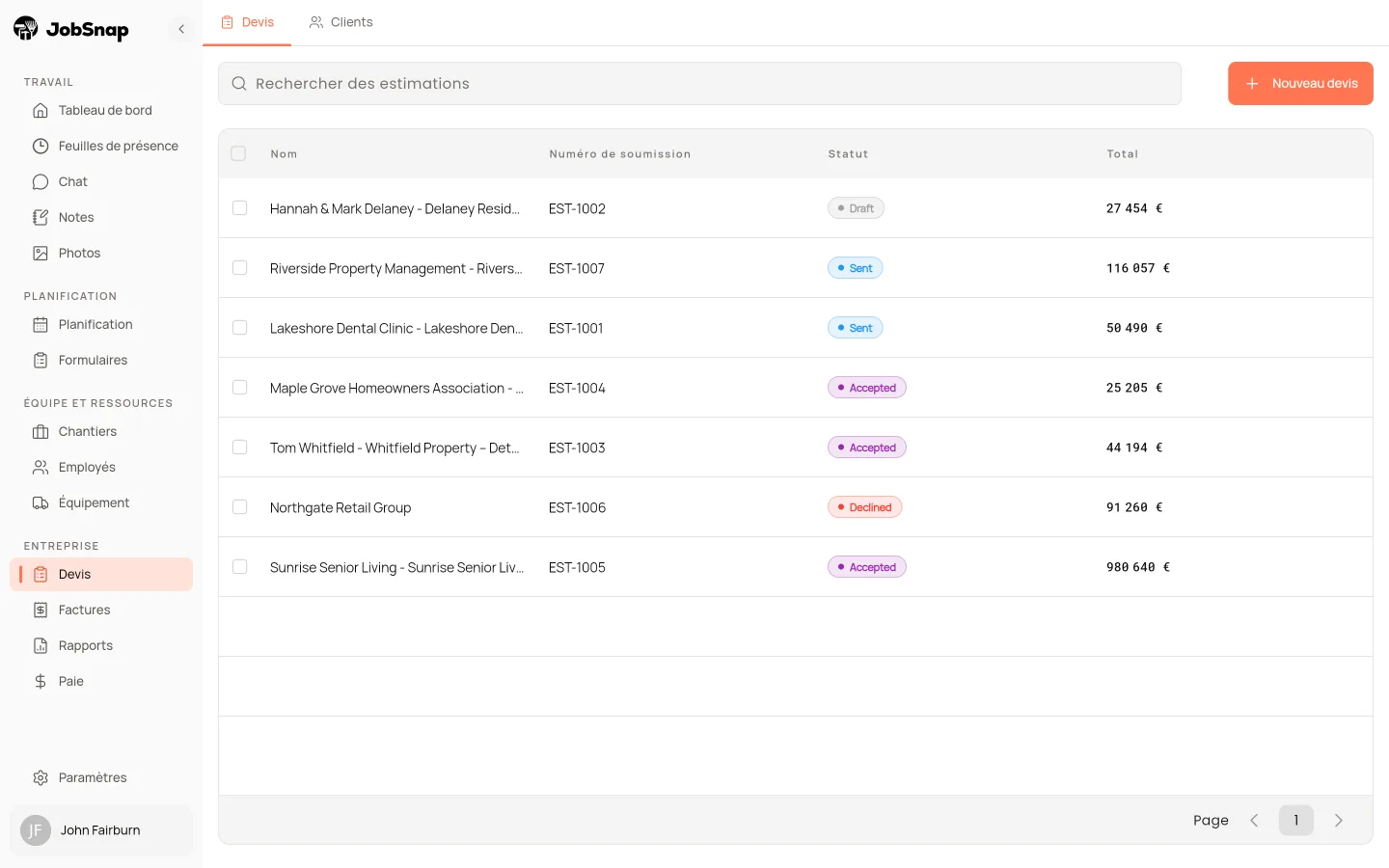 Liste des soumissions dans l'application web JobSnap