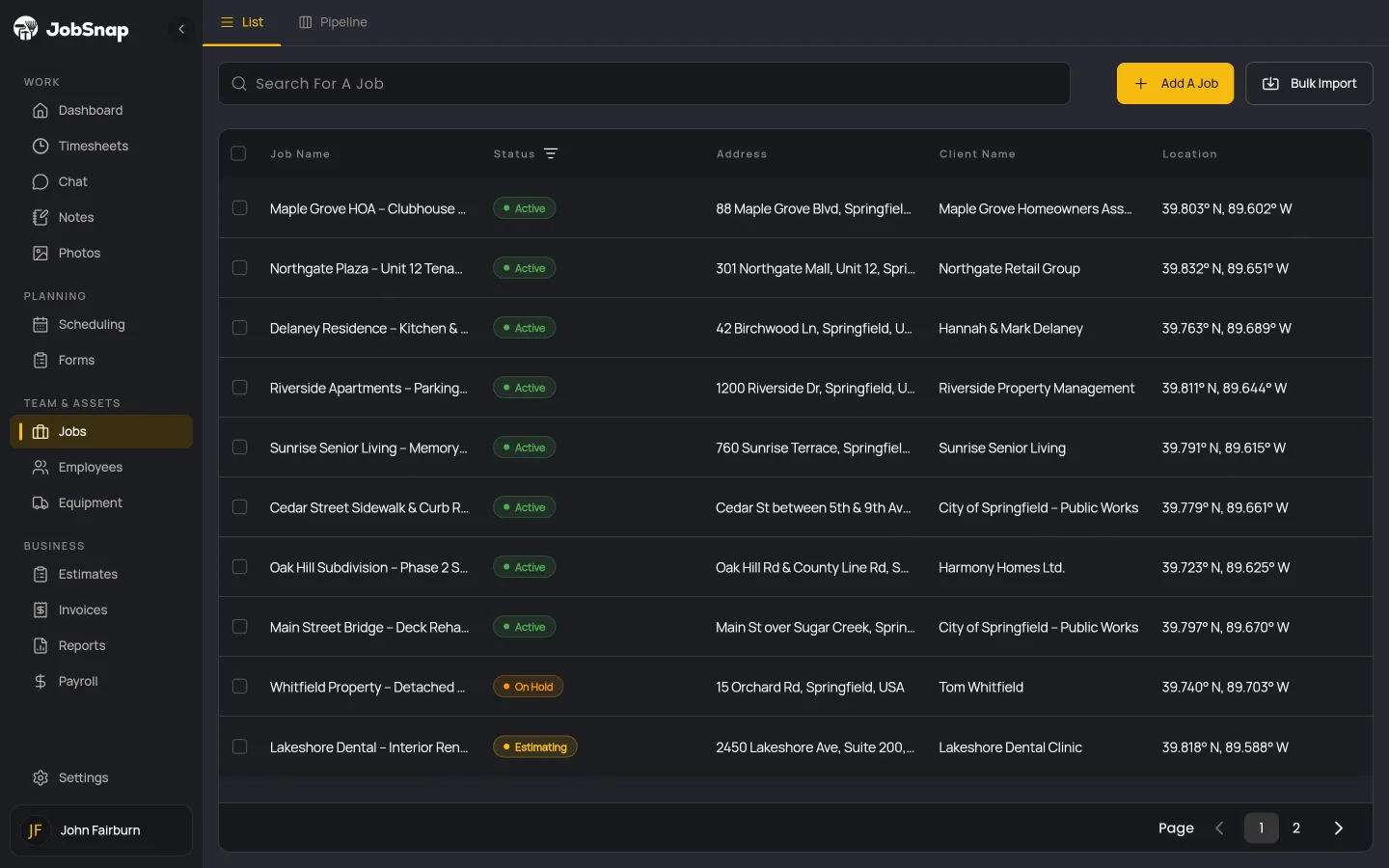 Construction job list in the JobSnap web app