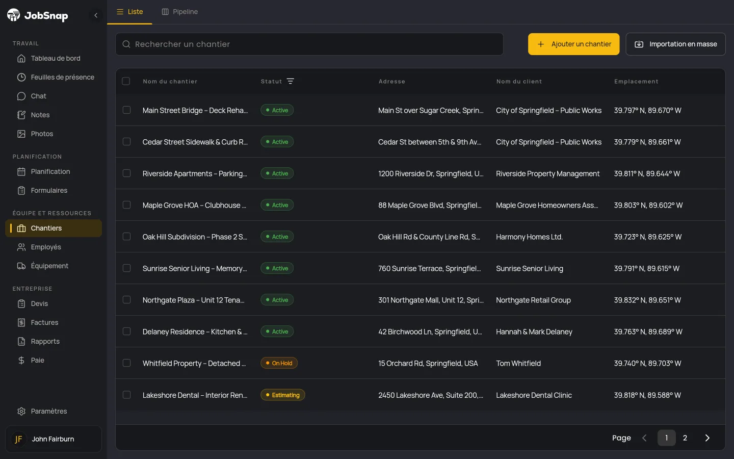 Liste des projets de construction dans l'application web JobSnap