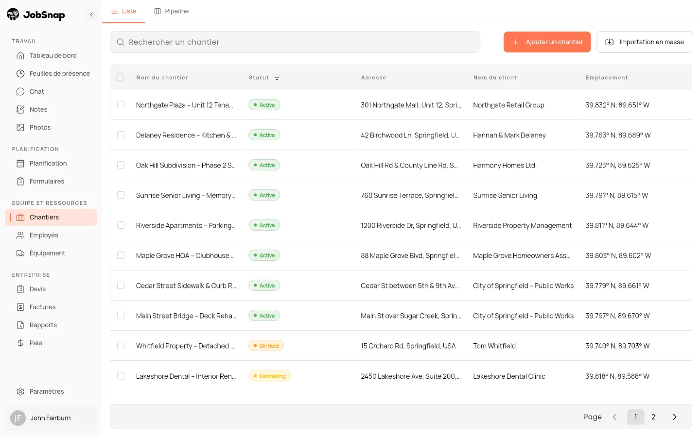 Liste des projets de construction dans l'application web JobSnap