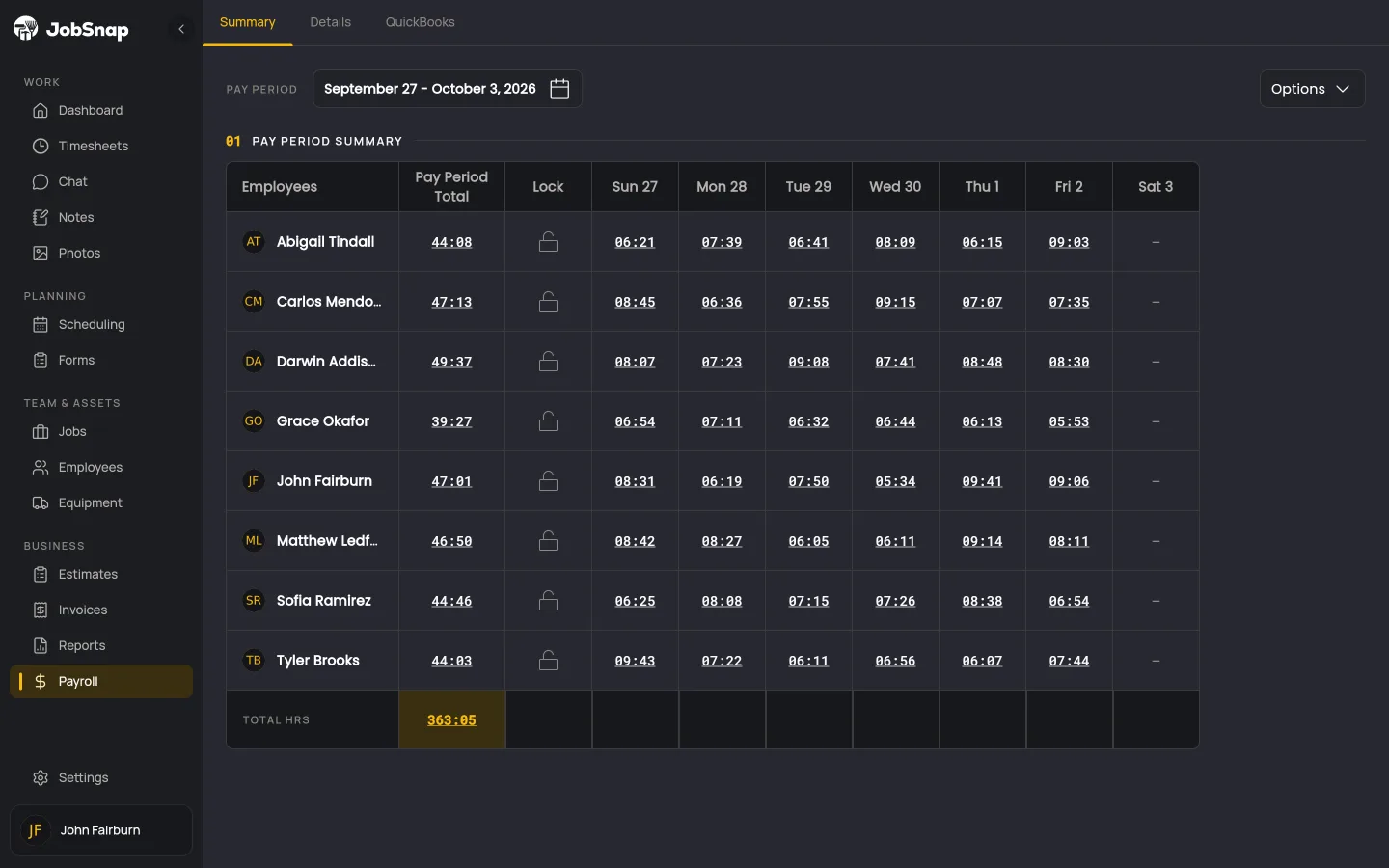 Weekly payroll hours by employee in the JobSnap web app