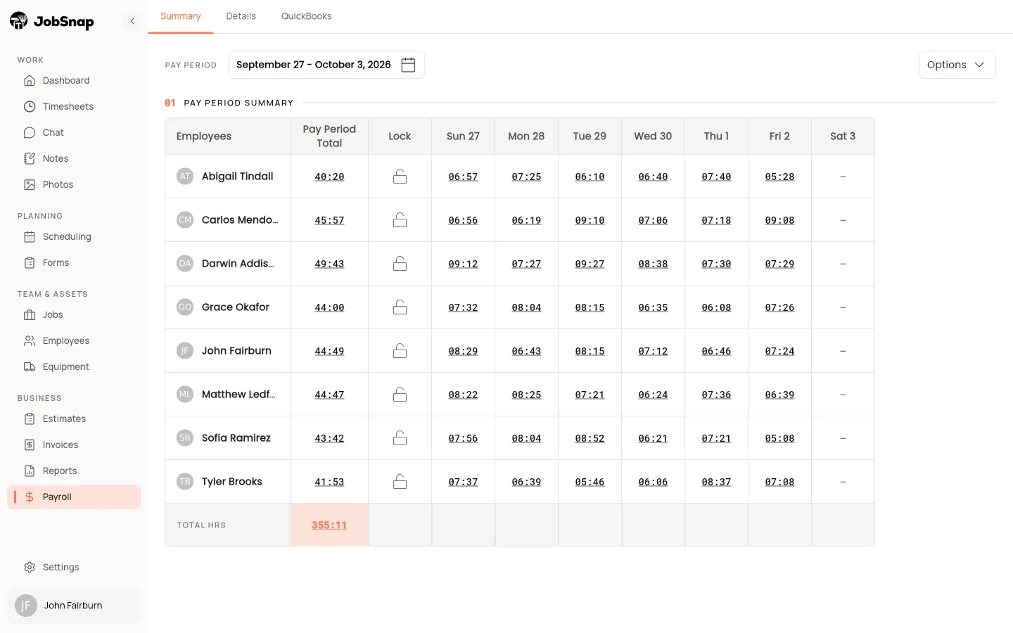 Weekly payroll hours by employee in the JobSnap web app