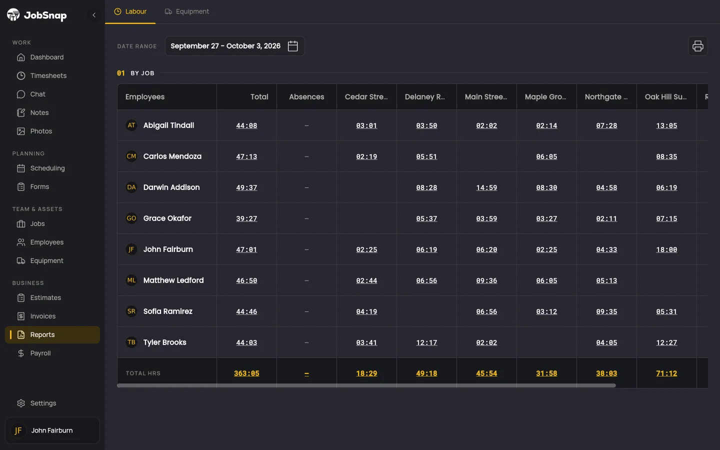Hours and job cost reports in the JobSnap web app