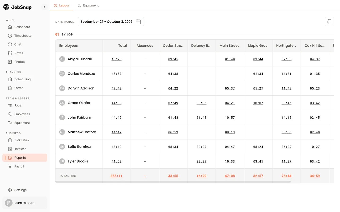 Hours and job cost reports in the JobSnap web app