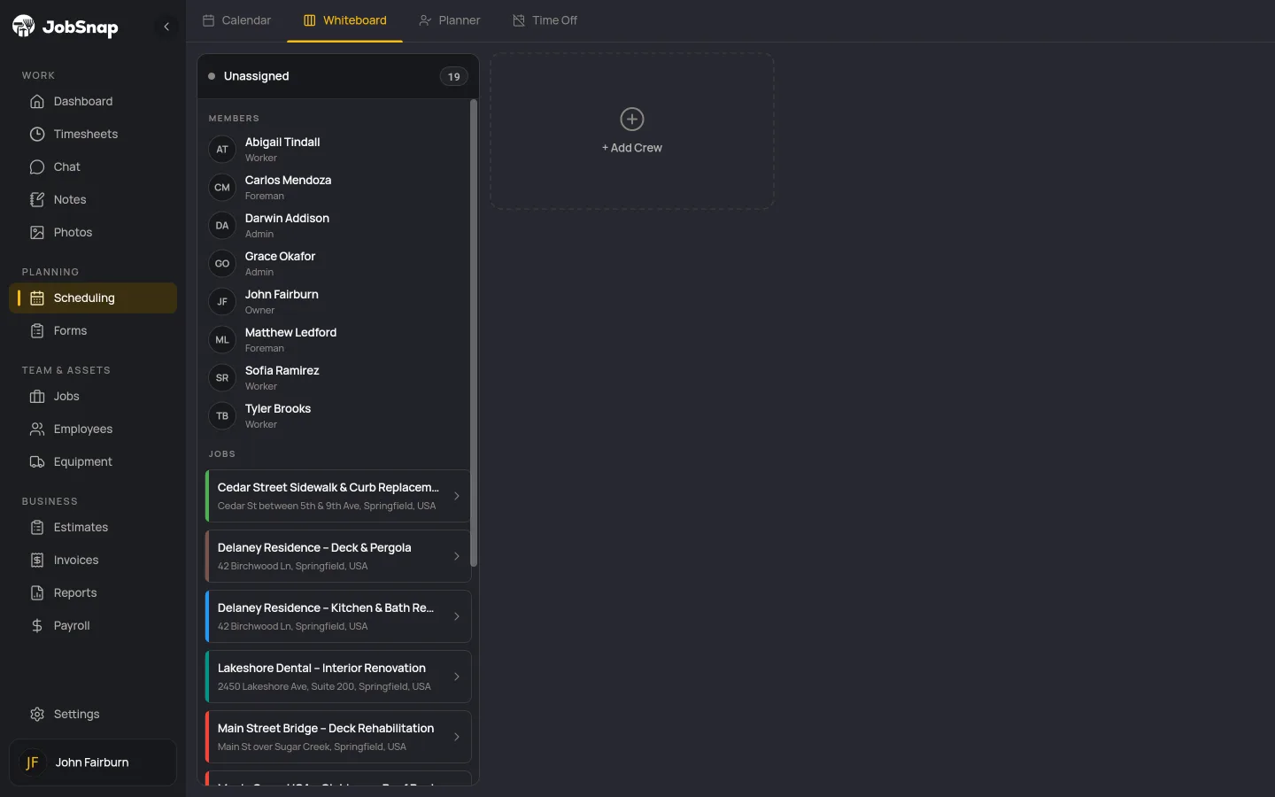 Crew scheduling board in the JobSnap web app