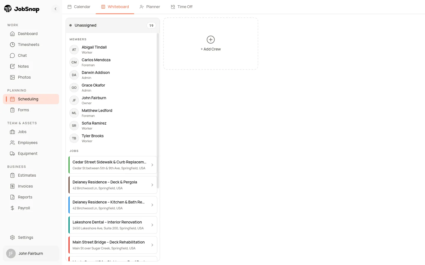 Crew scheduling board in the JobSnap web app