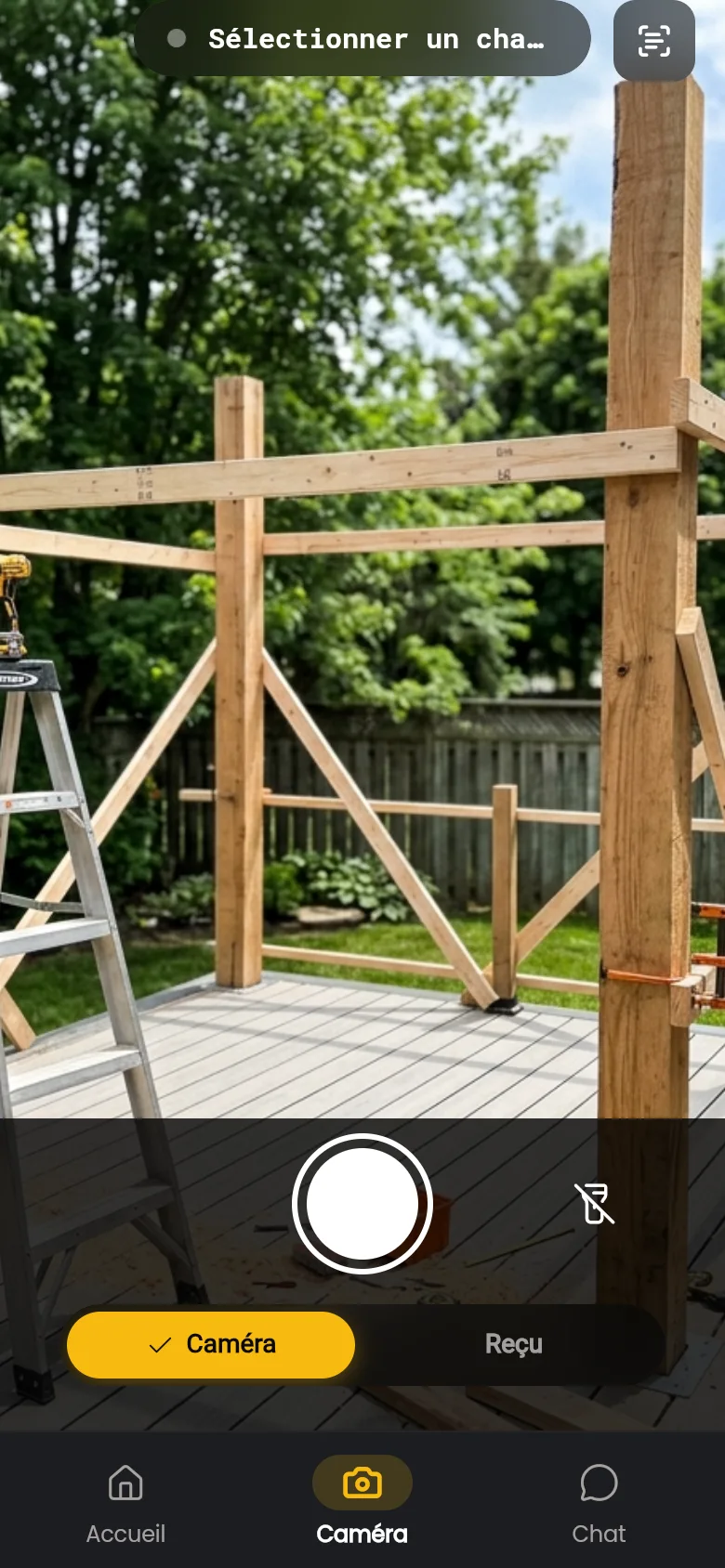 Caméra de chantier avec sélecteur de projet et mode reçu dans l'application mobile JobSnap