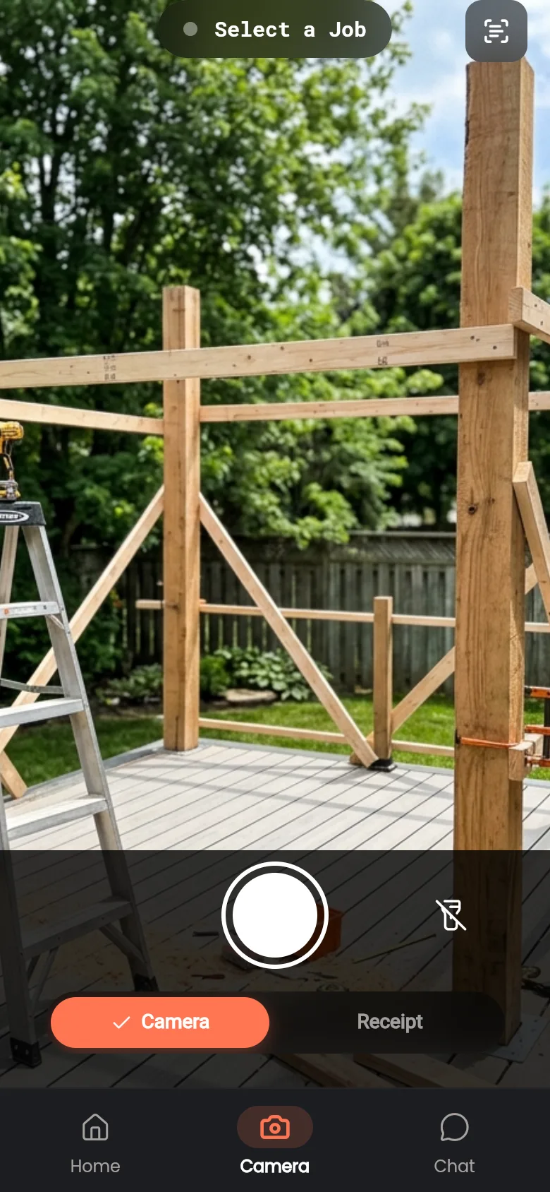 Jobsite camera with job selector and receipt mode in the JobSnap mobile app