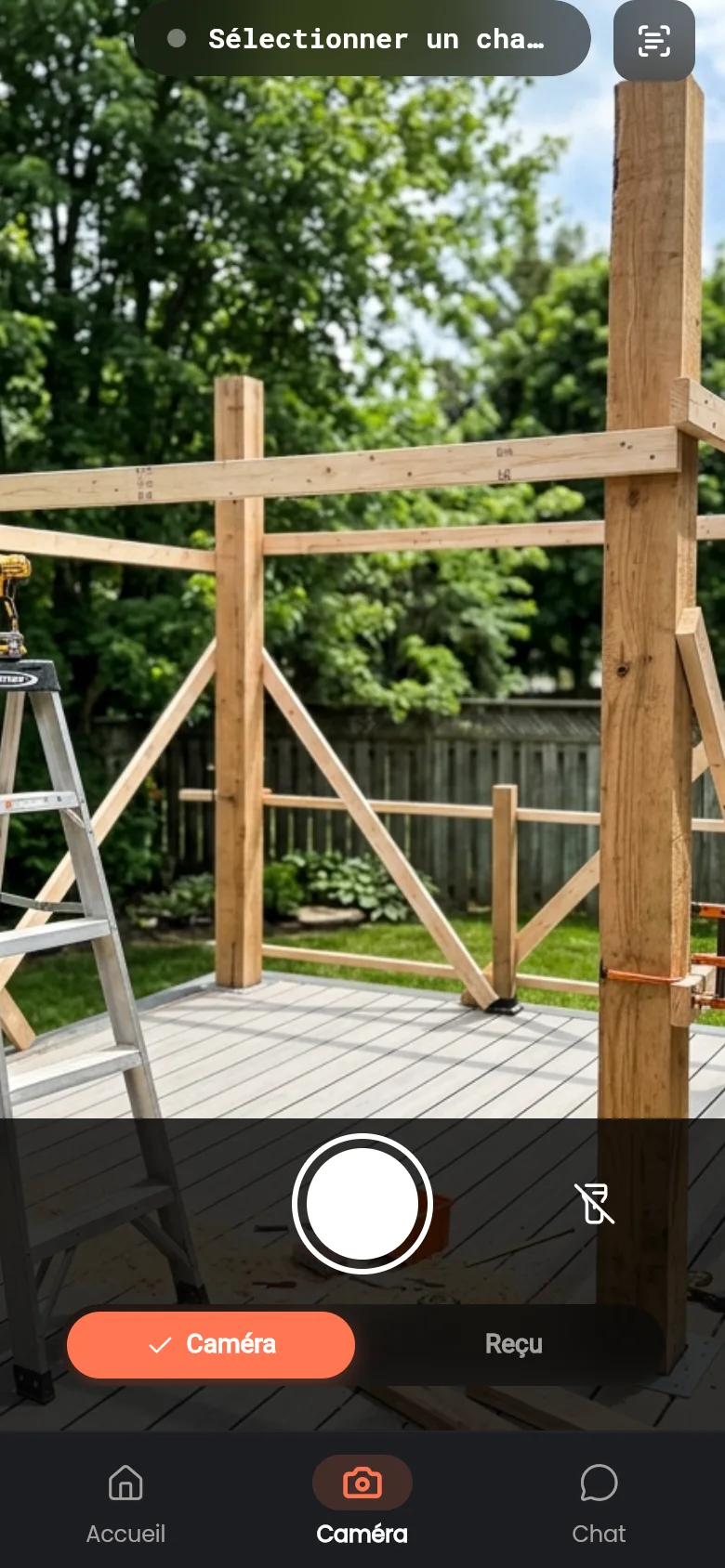 Caméra de chantier avec sélecteur de projet et mode reçu dans l'application mobile JobSnap