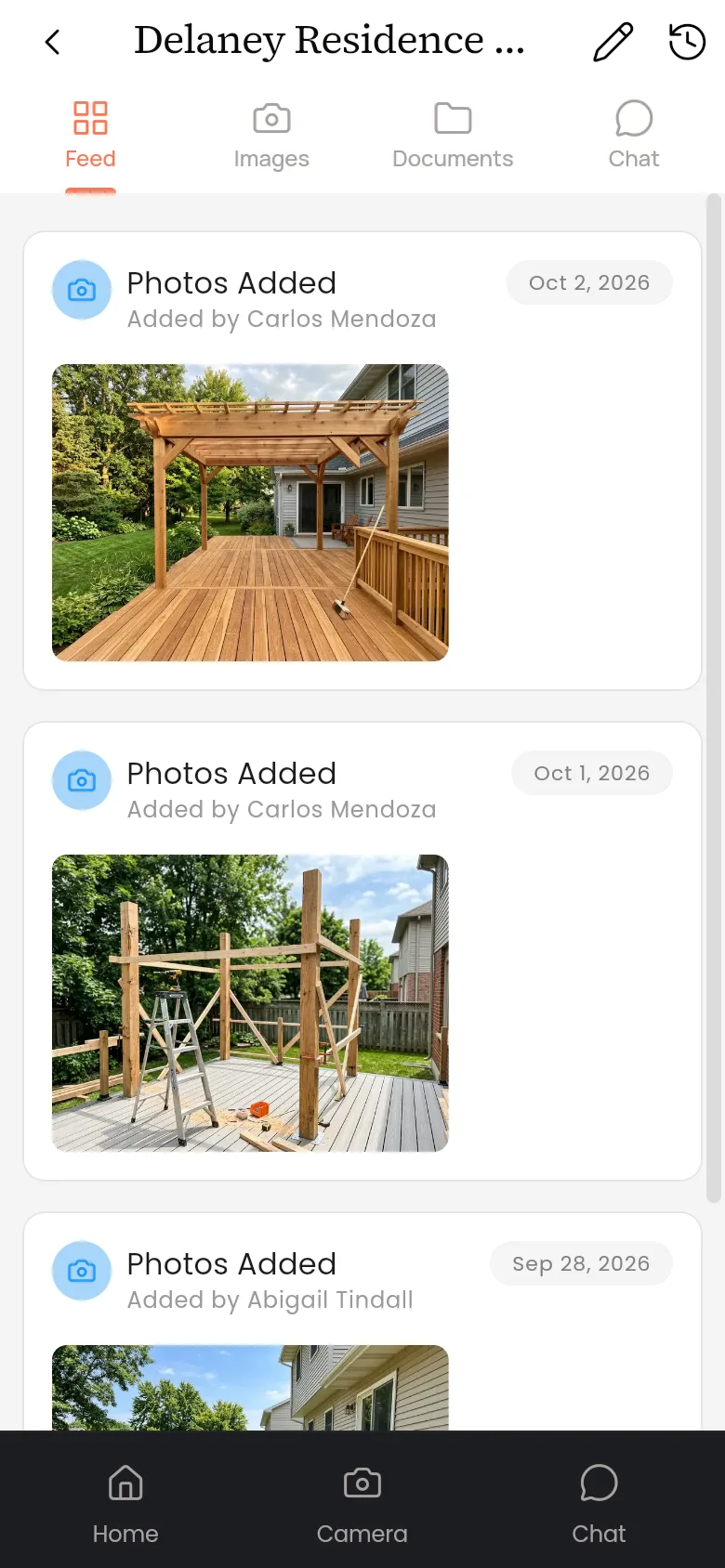 Jobsite photos and updates for one job in the JobSnap mobile app