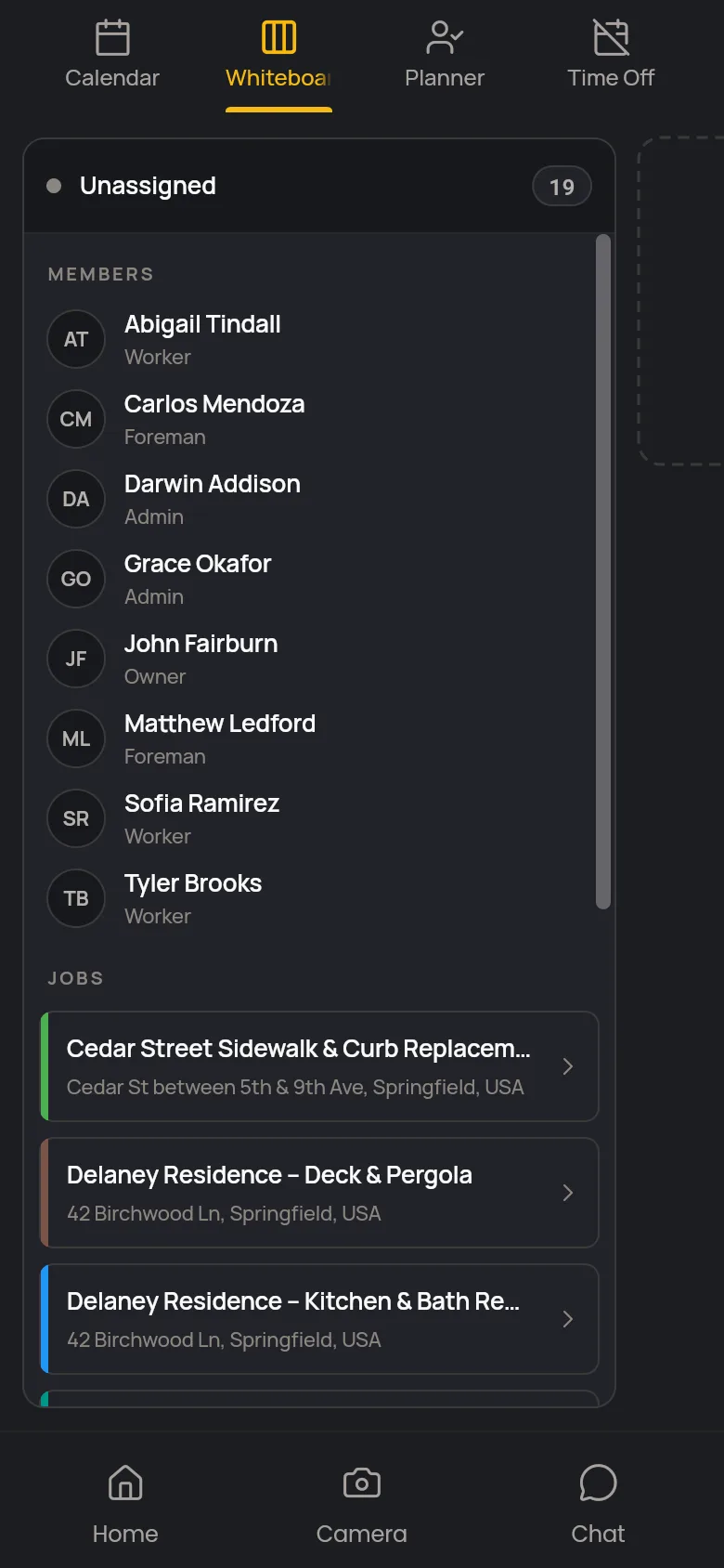 Crew scheduling whiteboard on the JobSnap mobile app