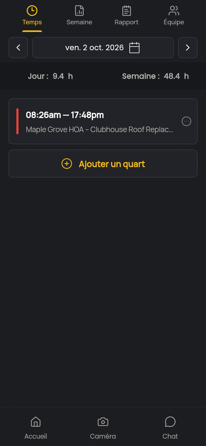 Pointeuse GPS et feuille de temps quotidienne dans l'application mobile JobSnap
