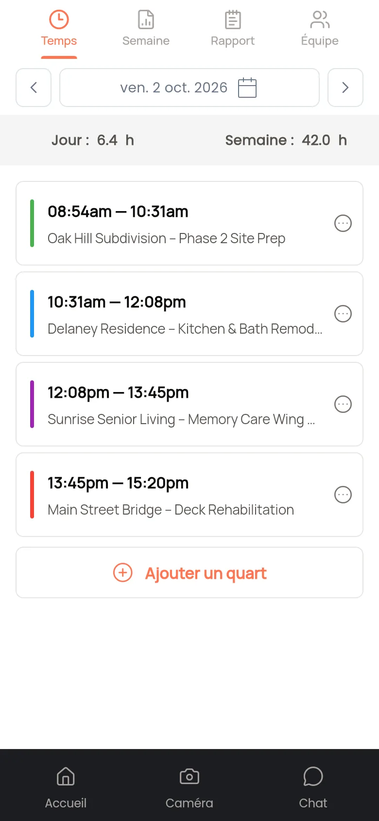 Pointeuse GPS et feuille de temps quotidienne dans l'application mobile JobSnap